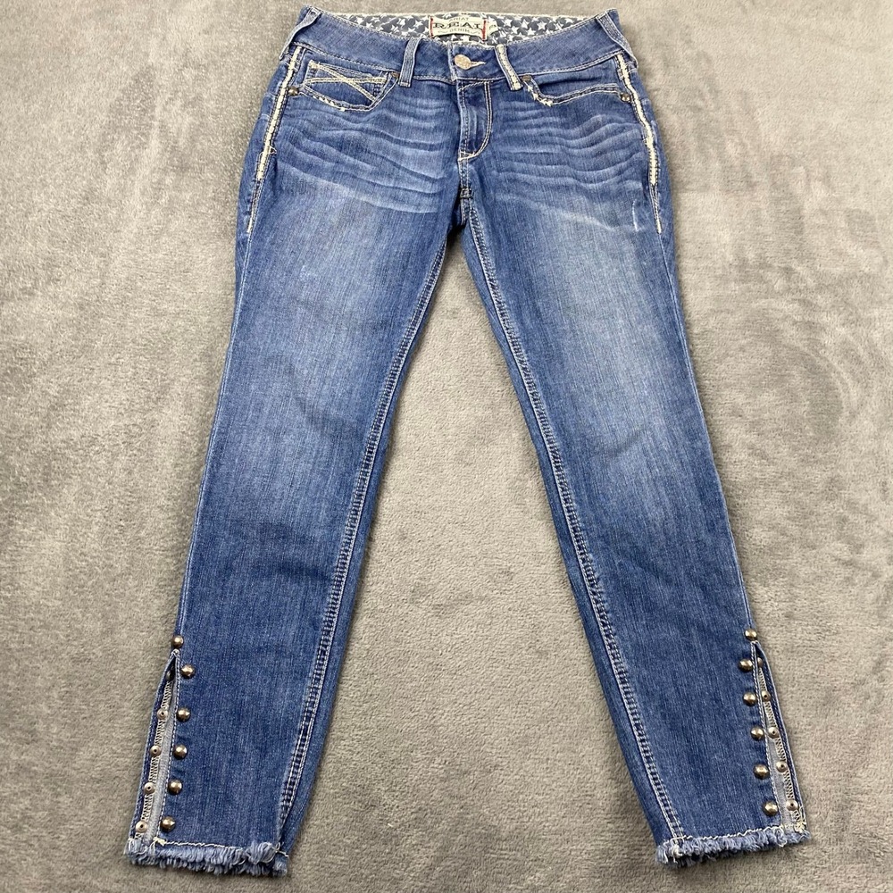 Ariat Women 27S REAL Skinny Jeans Blue Studded Raw Hem Mid Rise